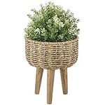 MyGift 9 Inch Rustic Woven Seagrass Indoor Planter Pot Basket with Mid-Century Style Solid Mango Wood Riser Legs, Decorative Plant Container Stand - Handcrafted in India