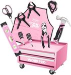 WORKPRO Pink Real Tool Set for Kids with 12 Inch Mini Steel Tool Box with Wheels, 10PCS Kids Real Tools with 2 Drawers Desk Metal Rolling Tool Chest, Children's Tool Kit for Home DIY- Pink Ribbon