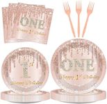 96Pcs Rose Gold 1st Birthday Party Plates and Napkins for Girls Pink One Year Old Party Supplies 1st Themed Paper Dessert Plates Tableware Set for Kids Baby Shower 24 Guests Birthday Party Decorations