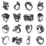 Kakonia 16Pcs Silver Goth Punk Rings Set for Men Women Frog Snake Butterfly Spider Eye Animal Ring Adjustable Cool Gothic Statement Stacking Rings Y2K Accessories