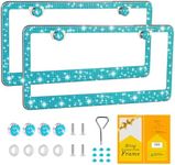 FIISFIIS Bling License Plate Frame for Women,2 Pack Premium Stainless Steel Rhinestone Car License Plate Holder,Handmade Glitter Crystal Diamond Lincense Plate Cover,Bedazzled Sparkly Caps-Aquamarine