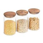 Navaris Glass Storage Jars 1L (Set of 3) - Airtight Food Containers with Wooden Acacia Lids - Stackable Cylinder Canister Design for Kitchen Dry Goods