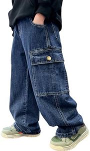 Rolanko Boys Baggy Jeans, Wide Leg Elastic Waist Denim Pants Loose Fit Trousers Vintage Y2K Streetwear (Cargo, 12-14)