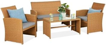 Best Choice Products 4-Piece Outdoor Wicker Patio Conversation Furniture Set for Backyard w/Coffee Table, Seat Cushions - Natural/Cement Gray