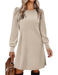 Zeagoo Long Sleeve Tunic Dresses for Women 2024 Knit Sweater Dress Puff Sleeve Fall Dress Soft A Line Dress, Khaki XXL