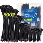 800 Pack Cable Ties Assorted Sizes 3.6mm x 100/150/200/250/300mm Black Cable Ties Heavy Duty Tie Wraps Assorted Plastic Zip Ties 40lbs Wire Ties Black Small Nylon 66 Plastic Ties for Home, Gardening