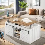 DWVO 48" Farmhouse Lift Top Coffee Table: Coffee Table with Sliding Barn Door Hidden Storage Compartment for Living Room (White)