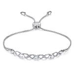 NINAMAID Womens 925 Sterling Silver Bracelet Jewelry Adjustable Women Cubic Zirconia Bolo Bracelet with Sparkling Round-Cut Zirconia in White Gold Plated Gifts for Women