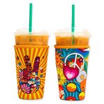 BAXENDALE AND CO Reusable Neoprene Insulator Sleeves for Iced Coffee and Cold Drink Cups, Compatible with Starbucks, Dunkin, Tumblers, Soda Cups, Boba Tea and Hot Drinks - Large 32oz (Hippie)