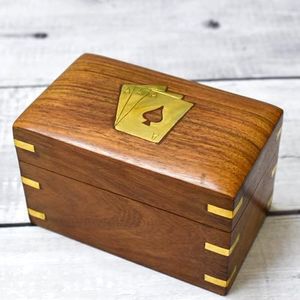 Ajuny Scatola per carte da gioco a doppio piano in legno, realizzata a mano, con 2 set di carte da gioco in ottone fine, regalo di inaugurazione della casa