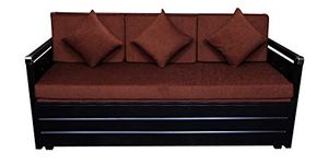 Royal Interiors Casimo 3 Seater Metal Sofa Cum Bed with Hydraulic Storage | Queen Size Sofa Cuma Bed | 3 Seater Sofa Set, Metal Sofa Set for Living Room (Matte Black Finish with Brown Cushion)