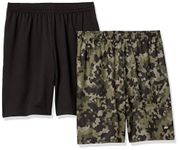 Amazon Essentials Men's 2-Pack Loose-Fit Performance Shorts, Olive Geo Camo/Black, Large