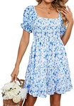 Summer square neck printed chiffon skirt women's elegant shoulder-hugging floral skirt bohemian mini dress Blue Flowers