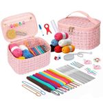 KRENZ Crochet Kit for Beginners Adults, Crochet Kits Include Yarn, 59pcs Crochet Starter Kit for Beginners Kids,Ergonomic Crochet Hooks 2.0-6.0 mm, Lace Steel Needles 0.6-1.9 mm (Pink Gold)