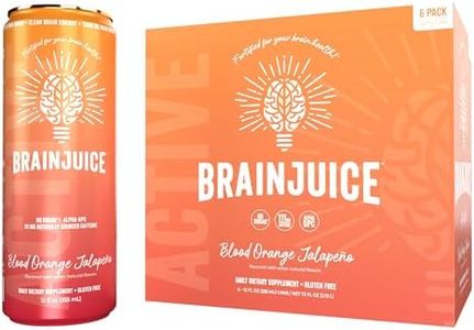 Brainjuice Brain Health Support Drink for Energy & Focus, Vitamin C, B5, B6 & B12, L Theanine, Alpha GPC, CoQ10 & Green Tea Caffeine, Gluten Free, Vegan, Blood Orange Jalapeno, 12 Oz Can, 6 Pack
