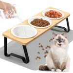 SlowTon Elevated Cat Bowls - Raised Cat Food and Water Ceramic Bowls Set of 3, 15°Tilted Cats Food Feeding Bowls with Bamboo Stand and Silicone Mat for Indoor Cats Pet