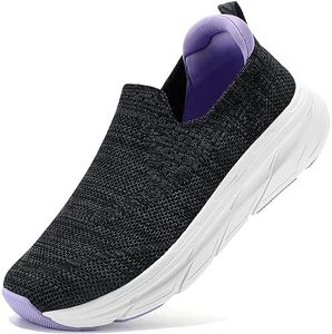STQ Wide Toe Box Walking Shoes Women Non Slip Nurse Shoes Lightweight Cushion Memory Foam Slip on Sneakers with Arch Support for Gym Workout Tennis Athletic Charcoal Grey Purple Size 7