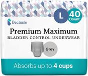 Because Premium Maximum Incontinence Underwear for Men - Heavy Bladder Leak Protection, Ideal for Overnight Leakage, Sleek, Invisible Fit, Grey, Large - Absorbs 4 Cups - 40 Count (2 Packs of 20)