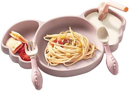 bc babycare Silicone Toddler Plates, Suction Plates for Baby Include Spoon, Fork and Straw, Self Feeding Training Divided Plates Set, Microwave & Dishwasher Safe & BPA Free (Pink Cute Koala) (Pink)