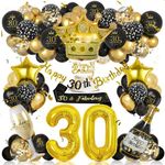 30th Birthday Decorations for Men Women: 85pcs Black and Gold Balloons Birthday Decorations with Confetti Black Number 30 Star Balloons, Happy 30th Birthday Banner Sash Cake Topper for Birthday Party