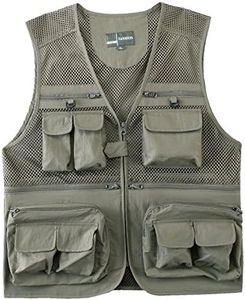 Flygo Mens Mesh Quick Dry Outdoor Work Fishing Travel Photo Vest with Multi Pockets (Medium, Light Khaki)