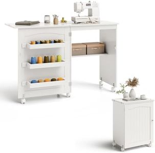 COSTWAY Folding Sewing Table, Multipurpose Craft Station Desk, Display Cabinet with Shelves Storage, Lockable Wheels, Rolling Sewing Machine Desk for Home Apartment, White