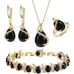 Ever Faith Women's Jewellery Sets Black Jewellery Sparkly Cubic Zirconia Birthstone Teardrop Necklace Earring Bracelet Ring Jewelry Sets for Women Birthday Gifts 4 PCS Gold-Tone