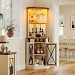 YITAHOME Corner Bar Cabinet with LED Lights, 72" Tall Farmhouse Wine Bar Cabinet w/Visualization Glass Door & Adjustable Shelves, Home Bar w/Wine and Glass Rack for Dining Room, Off White+Walnut Grain