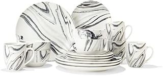 American Atelier Marble Coupe Dinnerware Set – 16-Piece Porcelain Dinner Party Collection w/ 4 Dinner Plates, 4 Salad Plates, 4 Bowls & 4 Mugs – Gift Idea for Any Special Occasion, White/Black