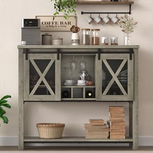GAOMON Coffee Bar Cabinet, Farmhouse Sideboard Buffet Cabinet with Sliding Barn Doors, Wine Racks, Open Storage Shelf, for Kitchen, Dining Room, Entryway, Gray