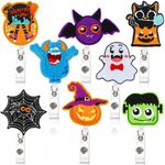 JANYUN Halloween Badge Reels Retractable, 8 Pcs Felt Nurse Badge Reels ID Name Badge Holder with Alligator Swivel Clip, Halloween Pumpkin Skull Ghost Bat Badge Holder for Nurse Doctor Office Gifts