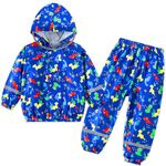 FILOWA Kids Waterproof Suit Boys Blue Dinosaur Hooded Raincoat Lightweight Jacket and Trouser Set Rain Suit Breathable Rain Coat & Pants Resistant Rainwear Puddle Suit for Child Teen 4-5 Years