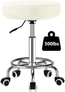 LIMKOMES Adjustable Rolling Stool with Wheels Heavy Duty 500lb Round RollingStool with Footrest, Patent Leather Drafting Stool Chair with Wheels Work Spa Salon Seat,White
