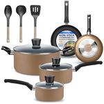 SereneLife Kitchenware Pots & Pans Basic Kitchen Cookware, Black Non-Stick Coating Inside, Heat Resistant Lacquer (11-Piece Set), One Size, Gold