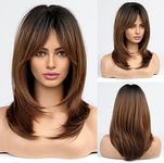 EMMOR Ombre Brown Wigs for Women Long Layered Wigs with Bangs Heat Resistant Synthetic Fibre Wigs