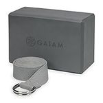 Gaiam Yoga Block One Block & Yoga Strap Set - Yoga Block with Strap, Pilates & Yoga Props to Help Extend & Deepen Stretches, Yoga Kit for Stability, Balance & Optimal Alignment - Grey