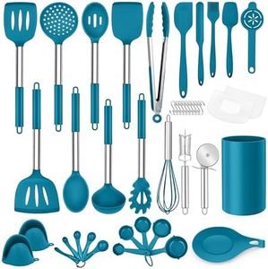 LIANYU 43 Pcs Silicone Kitchen Cooking Utensils with Holder, Heat Resistant Spatula Set with Stainless Steel Handle, Kitchen Cooking Gadgets Tools for Nonstick Cookware Set, Blue