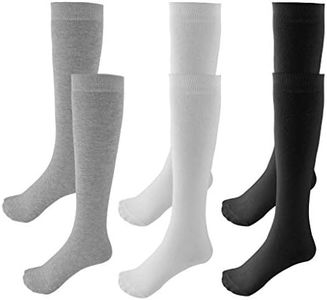 Topbuti 3 Pack School Uniform Cotton Knee High Socks Athletic Sports Soccer Socks Tube Sock for Girls and Boys, Black White Grey, One size