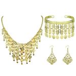 HAIAISO 3Pcs Jewelry Set for Women Gold Coin Headwear Necklace Earrings with Indian Style Gold Coin Costume Set for Carnival Theme Party Halloween Accessories-GOLD