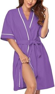 COLORFULLEAF Women's 100% Cotton Short Robes Summer Lightweight Kimono Robe Soft Spa Knit Bathrobe Sleepwear for Ladies, Violet, Large