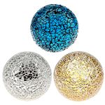 Kepfire 3Pcs Mosaic Glass Solid Sphere 3.15 Inch Crackl Orbs for Bowls Vases Dining Table Home Decoration (Silver, Gold, Blue)