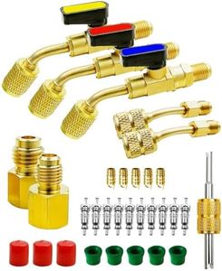 Air Conditioner Refrigerant Angled Compact Ball Valve for R410A R134A R12 R22 HVAC, Low Loss Fittings Kit, Vacuum Pump Adapter & Hose Seal and Gaskets & Valve Core and Remover for Mini Split System