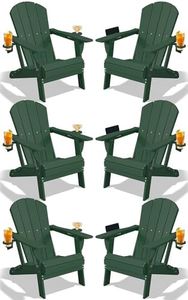 PLUUV Folding Adirondack Chair Set of 6, Easy Storage Space Saving, 380 LBS Capacity Weather Resistant HDPE with Two-Cup Holder for Outdoor Patio Fire Pit Gathering, Dark Green