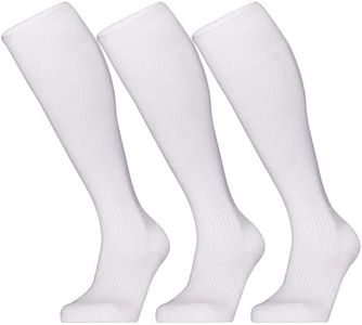 GRAPMKTG 3 Pack Softball Soccer Baseball Socks for Youth Men and Women Football Knee High Socks for Kids Adult Tube Socks for Boys Girls White Large