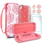 TIKOdirect Carrying Case for Switch lite, Shockproof Portable Travel Bag with Glitter Galaxy case, Screen Protectors and Cute Leaf Thumb Grips Caps, Leaf Pink