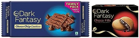 Sunfeast Dark Fantasy Choco Fills, 300g, Original Filled Cookies with Choco Crème & Sunfeast Dark Fantasy Choco Chip, Chocolate Cookies Loaded with Choco Chips, 357.5g