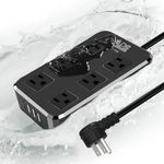 Outdoor Power Strip Weatherproof, Waterproof Surge Protector with 6 Wide Outlet with 3 USB Ports, 6FT Long Extension Cord,1875W Overload Protection，Outlet Extender for Christmas Lights ETL Black