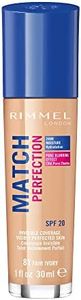 Rimmel London Match Perfection Base líquida de larga duración, Fórmula hidratante con tecnología Smart Tone y fórmula SPF 20, Tono 081 Feria Marfil, 30 ml (Paquete de 1)