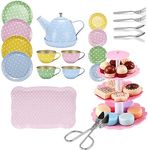 FUQUN 36 Pieces Afternoon Tea Party Teaset - Childrens Metal Tea Set - Pretend Play Food Cakes Biscuits, Illustrated Colourful Design Toy Tea Set for Kids Role Play