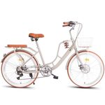 7 Speed Hybrid Bicycle for Adults, Comfort Cruiser with Dual Disc Brakes, Rear Rack, and Cup Holder, Ideal for City and Beach Rides
